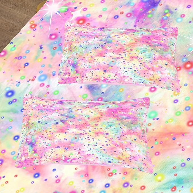Pink Comforter Set for Girls, Bed in A Bag Twin Size, Purple Pink Tie Dye Pastel Comforter Set with Fitted Sheet and Flat Sheet - LeafyLoom