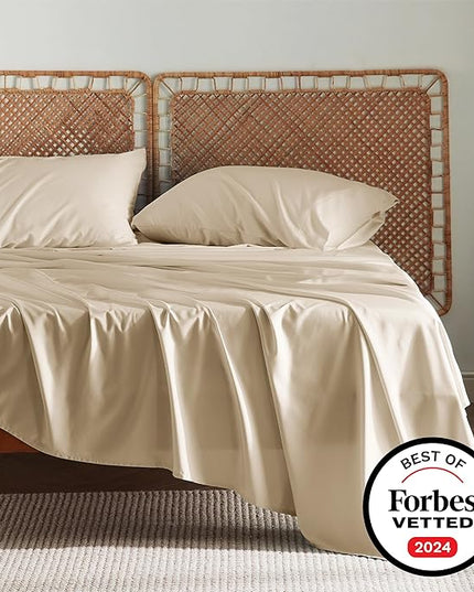 Bedsure California King Sheet Sets, Cooling Sheets, Rayon Derived from Bamboo, Deep Pocket Up to 16", Breathable & Soft Bed Sheets, Hotel Luxury Silky Bedding Sheets & Pillowcases, Beige - LeafyLoom