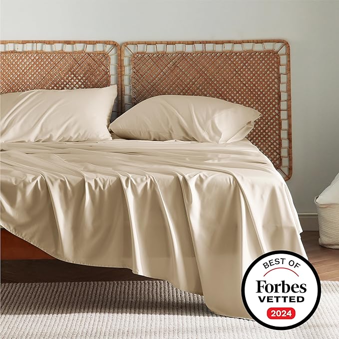 Bedsure California King Sheet Sets, Cooling Sheets, Rayon Derived from Bamboo, Deep Pocket Up to 16", Breathable & Soft Bed Sheets, Hotel Luxury Silky Bedding Sheets & Pillowcases, Beige - LeafyLoom
