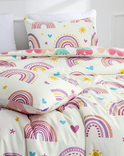 Btargot Lightweight Soft 3 Piece Rainbow Comforter Set with 2 Pillow Covers, Cartoon Love Hearts Suns and Stars Bedding Set for Girls Boys Kids, Queen Purple - LeafyLoom