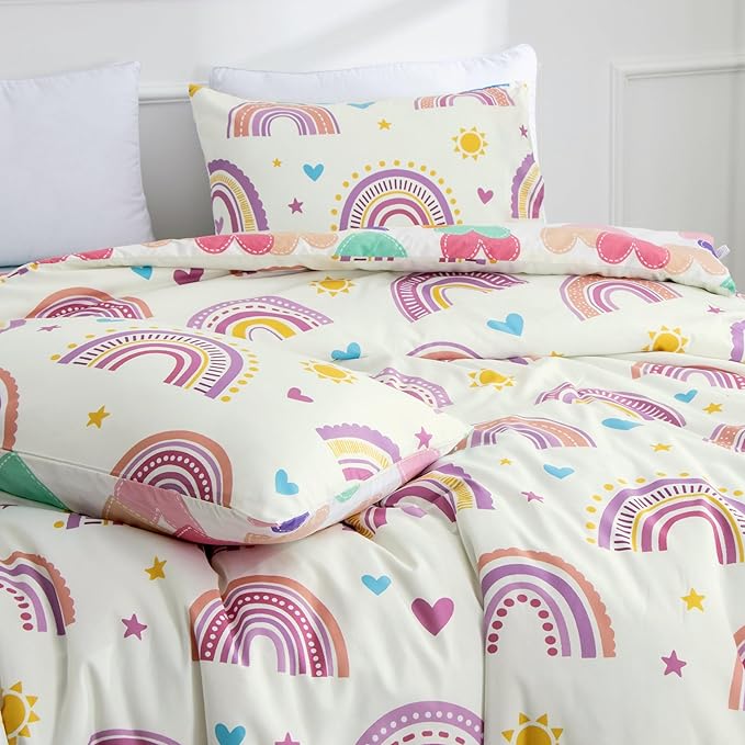 Btargot Lightweight Soft 3 Piece Rainbow Comforter Set with 2 Pillow Covers, Cartoon Love Hearts Suns and Stars Bedding Set for Girls Boys Kids, Full Purple - LeafyLoom