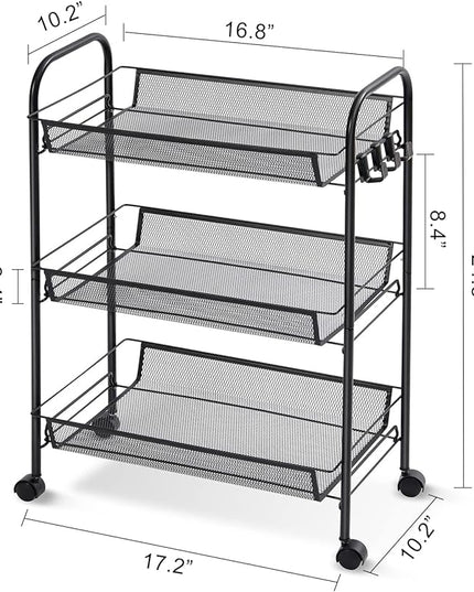 TOOLF 3-Tier Metal Rolling Cart, Mesh Wire Easy Assemble Utility Cart, Storage Trolley on Wheels with 3 Hooks, MetalStorage Shelving Units for Kitchen Bathroom Laundry Room - LeafyLoom