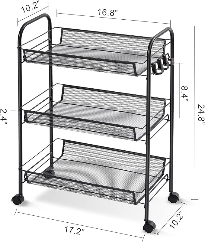TOOLF 3-Tier Metal Rolling Cart, Mesh Wire Easy Assemble Utility Cart, Storage Trolley on Wheels with 3 Hooks, MetalStorage Shelving Units for Kitchen Bathroom Laundry Room - LeafyLoom