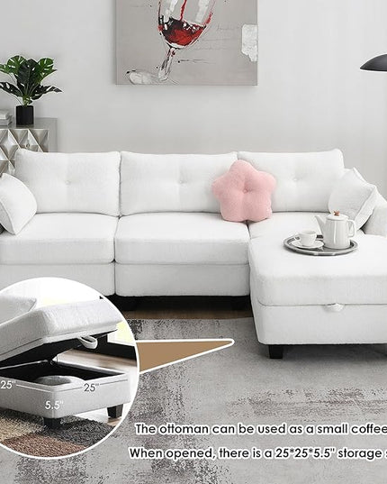 92" Modern Teddy Velvet Sectional Sofa with Charging Ports on Each Side,L-Shaped Couch with Removable Storage Ottoman,for Living Room,Apartment,Bedroom,Offices,Beige - LeafyLoom