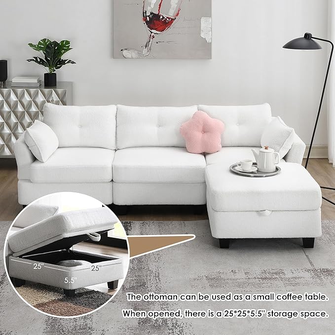 92" Modern Teddy Velvet Sectional Sofa with Charging Ports on Each Side,L-Shaped Couch with Removable Storage Ottoman,for Living Room,Apartment,Bedroom,Offices,Beige - LeafyLoom