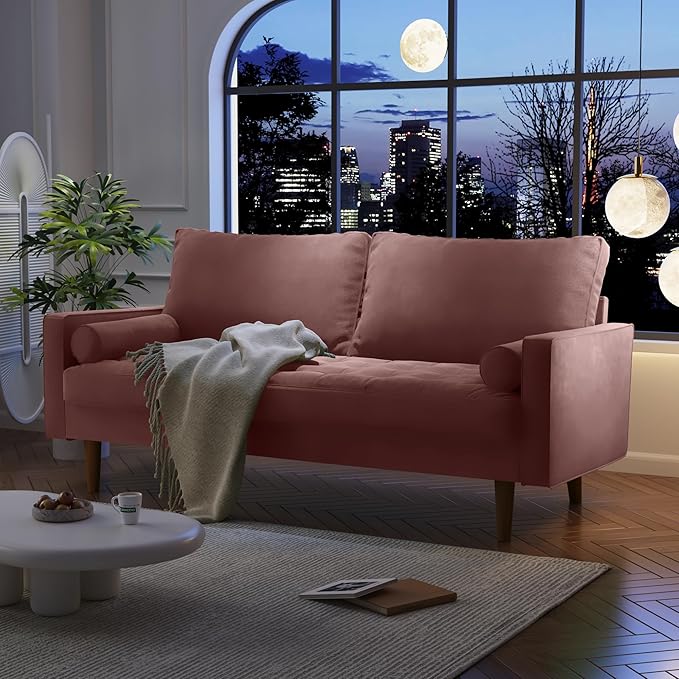 Velvet Furniture for Small Spaces, Mid-Century Modern Loveseats for Living Room, Love Seat Couch Sofas, 70 Inches, Rose - LeafyLoom