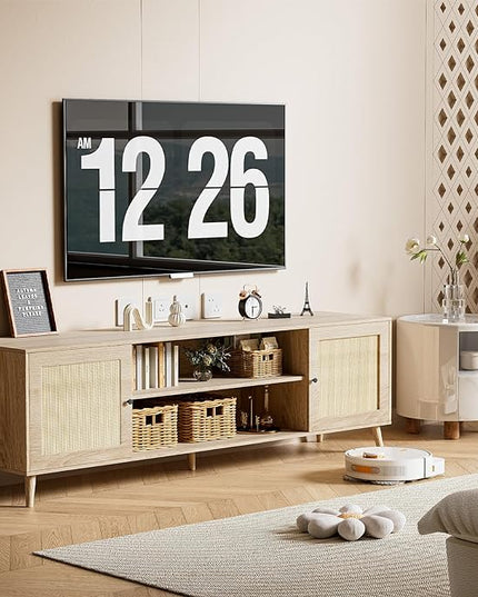 Media TV Stands for 75+ Inch TV,Entertainment Center with Adjustable Shelf, Rattan TV Console with 2 Cabinets,Mid Century Modern TV Console Table for Living Room Bedroom - LeafyLoom