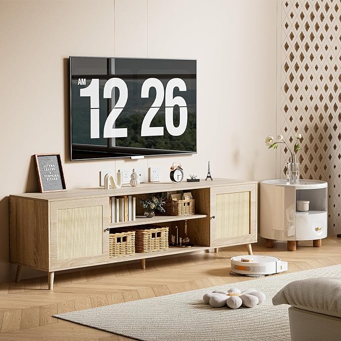 Media TV Stands for 75+ Inch TV,Entertainment Center with Adjustable Shelf, Rattan TV Console with 2 Cabinets,Mid Century Modern TV Console Table for Living Room Bedroom - LeafyLoom