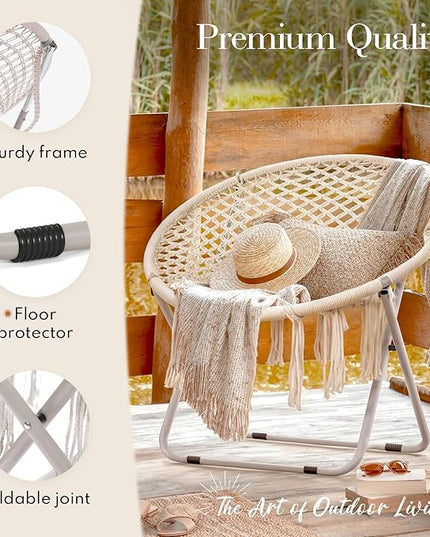 PASAMIC Boho Chair with Folding Metal Frame, 100% Cotton Handmade Round Cozy Chairs, Exquisite Comfy Chair for Bedroom, Living Room Décor Beige - LeafyLoom