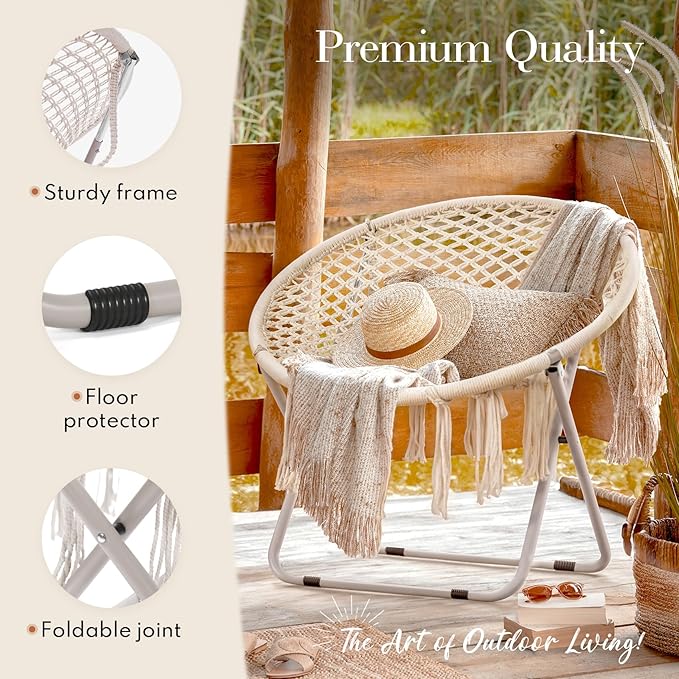 PASAMIC Boho Chair with Folding Metal Frame, 100% Cotton Handmade Round Cozy Chairs, Exquisite Comfy Chair for Bedroom, Living Room Décor Beige - LeafyLoom