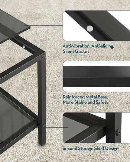 SAYGOER Modern Coffee Table Small Glass Coffee Table with Storage 2-Tier Simple Square Center Table for Living Room Home Office Sofa Table with Metal Frame 26.7 x 26.7 x 15.7 Inches, Gray Black - LeafyLoom