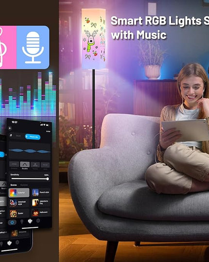 Smart RGB Floor Lamp for Living Room, Bedroom, Modern LED Standing Tall Lamp, WiFi Music Smart Corner Lamp with Remote Control, Dimmable, Compatible with Alexa and Google Home (2 lampshades) - LeafyLoom