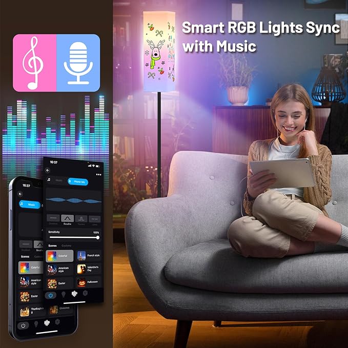 Smart RGB Floor Lamp for Living Room, Bedroom, Modern LED Standing Tall Lamp, WiFi Music Smart Corner Lamp with Remote Control, Dimmable, Compatible with Alexa and Google Home (2 lampshades) - LeafyLoom
