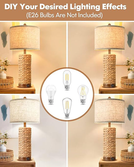 Set of 2 Rattan Table Lamps for Living Room with 2 USB Ports, 27in Tall Bedroom Lamp Costal Farmhouse, Rustic Woven Seagrass Bedside Nightstand Lamps for End Table, E26 Socket&Rotary Switch, No Bulb - LeafyLoom