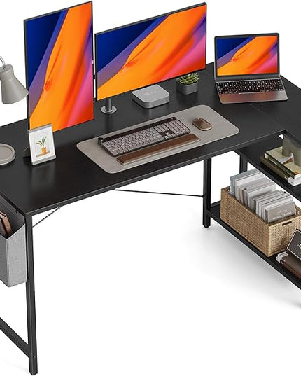 CubiCubi 55 Inch Small L Shaped Computer Desk with Storage Shelves Home Office Corner Desk Study Writing Table, Black - LeafyLoom