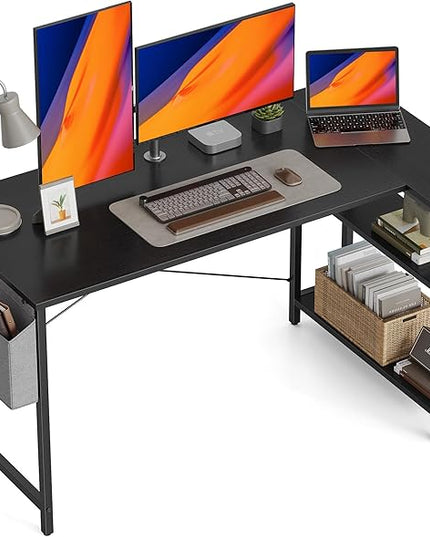 BANTI L Shaped Small Computer Desk with Storage Shelves, 55" Home Office Small Corner Desk Study Writing Table, Black - LeafyLoom