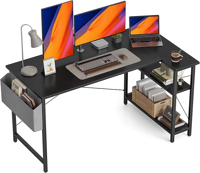 BANTI L Shaped Small Computer Desk with Storage Shelves, 55" Home Office Small Corner Desk Study Writing Table, Black - LeafyLoom