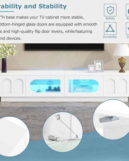 Merax TV Stand for Televisions Up to 95'', Functional Media Console with APP-Controlled Smart LED Light, Arched Cabinet Doors and Fluted Glass Doors, Entertainment Center, for Living Room, White - LeafyLoom
