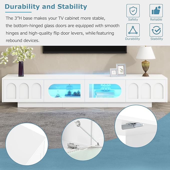 Merax TV Stand for Televisions Up to 95'', Functional Media Console with APP-Controlled Smart LED Light, Arched Cabinet Doors and Fluted Glass Doors, Entertainment Center, for Living Room, White - LeafyLoom