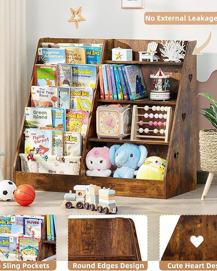 Lerliuo 4 Tier Kids Bookshelf and Storage Organizer, Five Layer Sling Children Bookcase, Baby Toddler Wooden Book Shelf, Display Cabinet for Playroom, Bedroom, Classroom, Nursery, School (Brown) - LeafyLoom