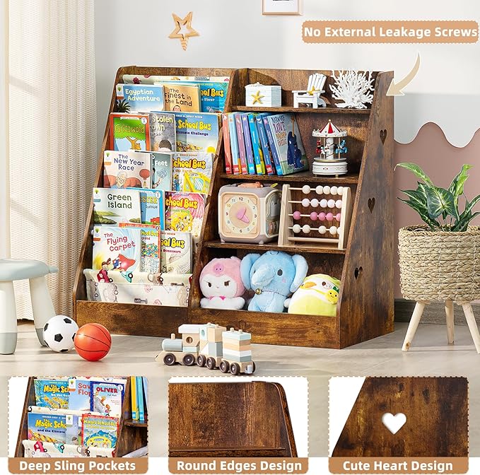 Lerliuo 4 Tier Kids Bookshelf and Storage Organizer, Five Layer Sling Children Bookcase, Baby Toddler Wooden Book Shelf, Display Cabinet for Playroom, Bedroom, Classroom, Nursery, School (Brown) - LeafyLoom