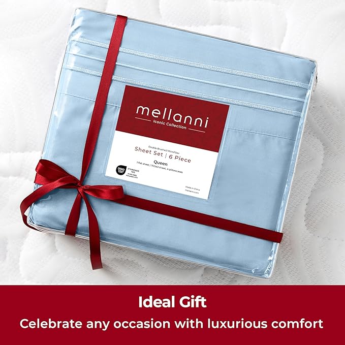 Mellanni King Sheets Set - 6 PC Iconic Collection Bedding Sheets & Pillowcases - Hotel Luxury, Ultra Soft, Cooling Bed Sheets - Deep Pocket up to 16 inch - 6 PC (King, Light Blue w/Extra Pillow Cases) - LeafyLoom