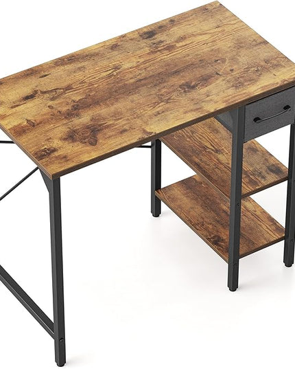 CubiCubi Computer Desk, 35 Inch Small Home Office Desk with Drawer Storage Shelves for Small Space, Writing Study Desk, Rustic Brown - LeafyLoom