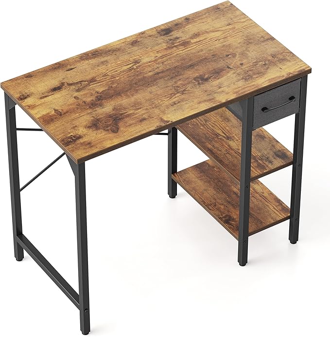 CubiCubi Computer Desk, 35 Inch Small Home Office Desk with Drawer Storage Shelves for Small Space, Writing Study Desk, Rustic Brown - LeafyLoom