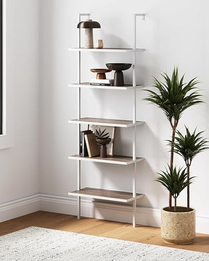 Nathan James Theo 5-Shelf Modern Bookcase, Open Wall Mount Ladder Bookshelf with Industrial Metal Frame, Gray Oak Wood/White - LeafyLoom