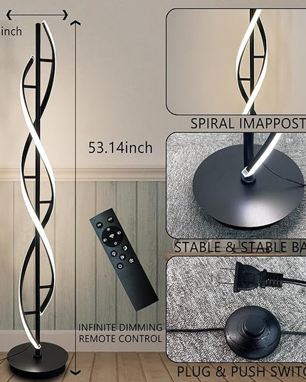 LED Spiral Floor Lamp 53 inch, with Remote Control Three Color Dimmable Standing Lamps, Modern Creative Pole Lamp, 36W Floor Lamps for Living Room, Bedroom, Office, Study Light（Black） - LeafyLoom