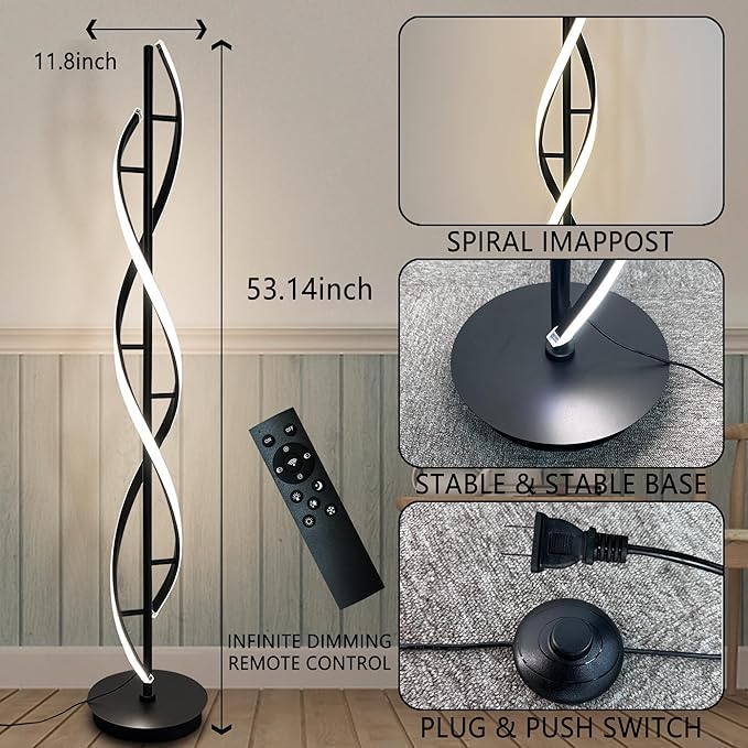 LED Spiral Floor Lamp 53 inch, with Remote Control Three Color Dimmable Standing Lamps, Modern Creative Pole Lamp, 36W Floor Lamps for Living Room, Bedroom, Office, Study Light（Black） - LeafyLoom