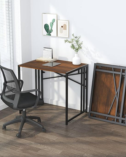 32 inch Folding Small Desk, Writing Gaming Computer Camping Desk for Small Spaces, No Assembly Required Home Office Desk, Mahogany - LeafyLoom