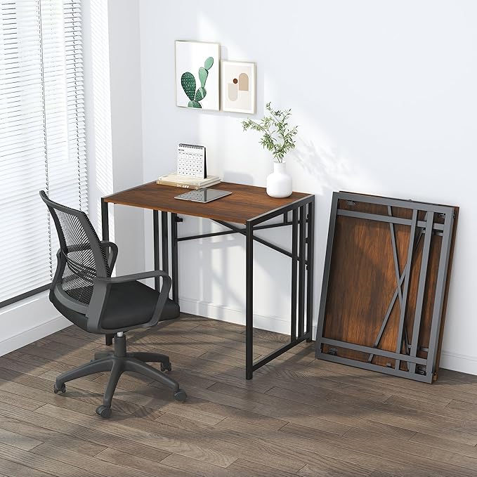 32 inch Folding Small Desk, Writing Gaming Computer Camping Desk for Small Spaces, No Assembly Required Home Office Desk, Mahogany - LeafyLoom