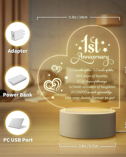 1st Anniversary Romantic Gifts for Him Her, 1 Year Anniversary Valentines Gifts for Boyfriend Girlfriend, One Year Paper Anniversary Night Light Gifts for Wife Husband Couple - LeafyLoom