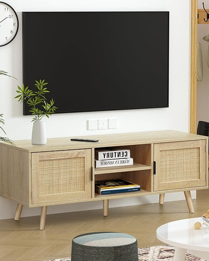 Anmytek Farmhouse Rattan TV Stand Modern Wood Media Entertainment Center Console Table for TVs up to 55 Inches with 2 Doors and 2 Open Shelves, Natural Oak, H0015 - LeafyLoom