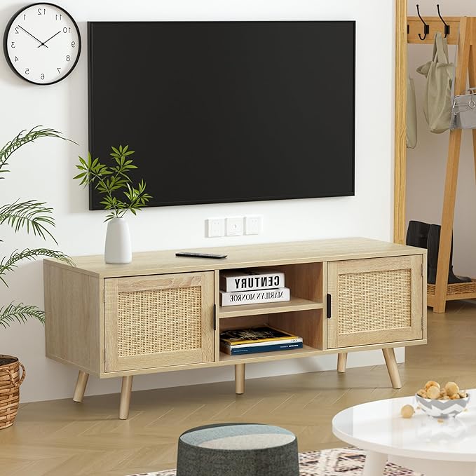 Anmytek Farmhouse Rattan TV Stand Modern Wood Media Entertainment Center Console Table for TVs up to 55 Inches with 2 Doors and 2 Open Shelves, Natural Oak, H0015 - LeafyLoom