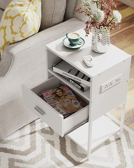 LDTTCUK Nightstand with Charging Station, Modern End Table with Drawer, White Bedside Table with Open Storage for Bedroom - LeafyLoom