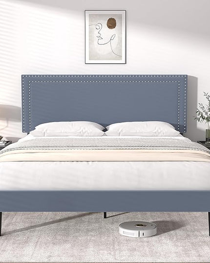 VECELO Full Size Platform Bed Frame with Adjustable Upholstered Headboard, Modern Mattress Foundation,Strong Wood Slat Support, No Box Spring Needed, Easy Assembly - LeafyLoom