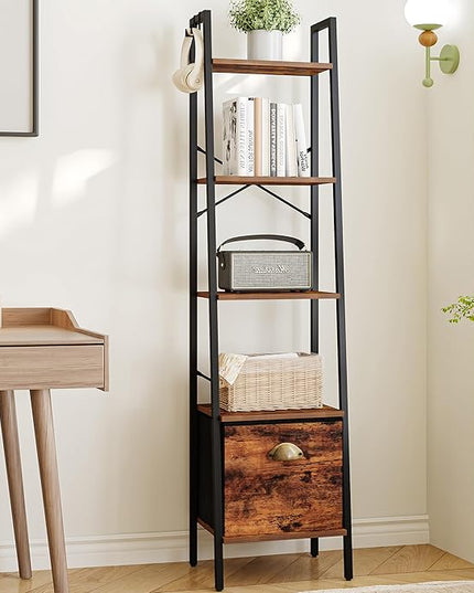 Narrow Bookshelf Bookcase with Drawer, Ladder Shelf with 2 Hooks, Bookshelves Storage Organizer, Freestanding Display Standing for Home Office, Bedroom, 5 Tier Rustic Brown BC19501B - LeafyLoom