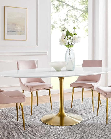 Modway Lippa 78" Oval-Shaped Mid-Century Modern Dining Table with White Wood Top and Gold Base - LeafyLoom