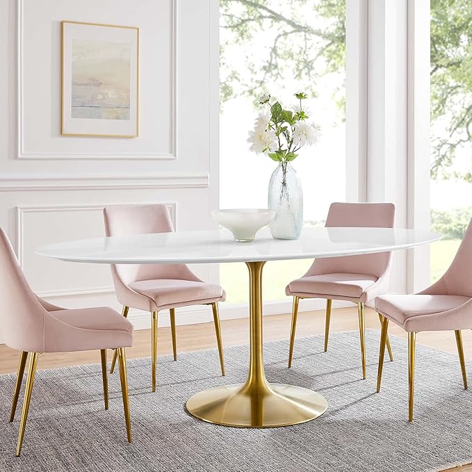 Modway Lippa 78" Oval-Shaped Mid-Century Modern Dining Table with White Wood Top and Gold Base - LeafyLoom
