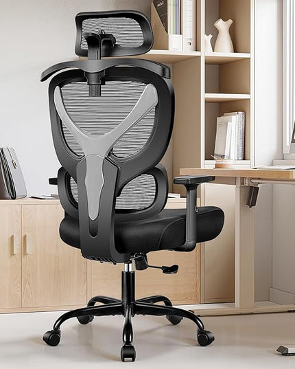 Office Chair Ergonomic Desk Chair Comfy Computer Chair, Big and Tall Home Office Chair with Back Support, Mesh Office Chair High Back Gaming Chair with Adjustable Armrest (Grey) - LeafyLoom