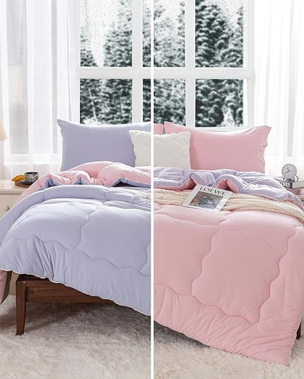 COTTEBED Reversible Ultra-Soft Warm King Size Comforter Set, California Cal King Down Comforter Cozy Fully Breathable Bedding 1 Down Alternative Quilt and 2 Pillowsham Winter Pink and Purple - LeafyLoom