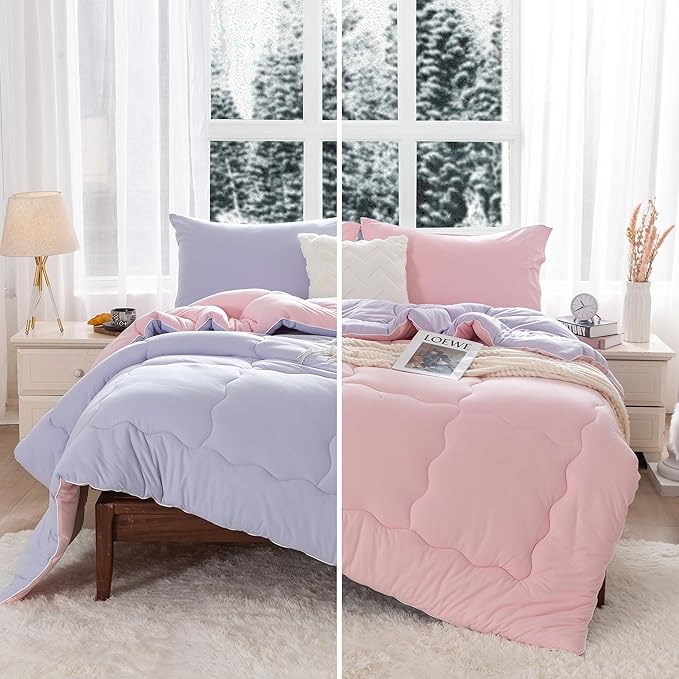 COTTEBED Reversible Ultra-Soft Warm King Size Comforter Set, California Cal King Down Comforter Cozy Fully Breathable Bedding 1 Down Alternative Quilt and 2 Pillowsham Winter Pink and Purple - LeafyLoom