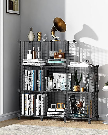 Wolizom Wire Cube Storage, Metal Grids Shelves Bookshelf, Stackable Modular Shelving Organizer, DIY Closet Bookcase Bookshelf, Grid Storage Shelf for Bedroom, Living Room, Office (Black, 8 Cube) - LeafyLoom