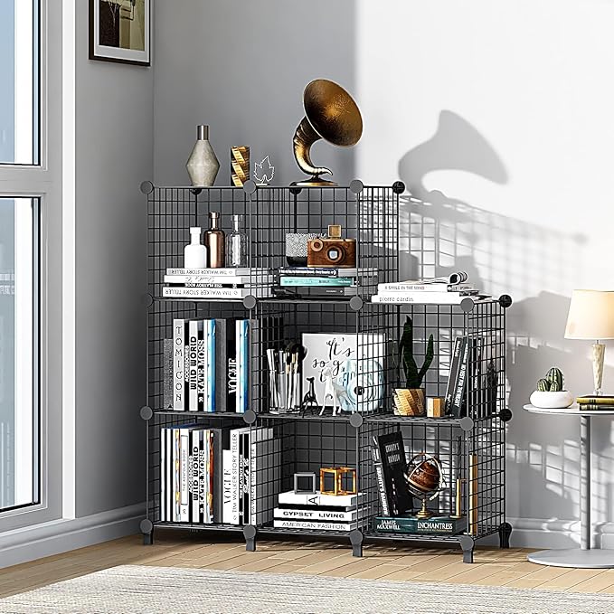 Wolizom Wire Cube Storage, Metal Grids Shelves Bookshelf, Stackable Modular Shelving Organizer, DIY Closet Bookcase Bookshelf, Grid Storage Shelf for Bedroom, Living Room, Office (Black, 8 Cube) - LeafyLoom