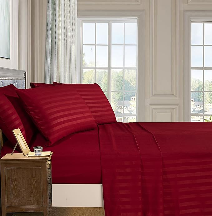 Elegant Comfort Best, Softest, Coziest 6-Piece Sheet Sets! - 1500 Premier Hotel Quality Luxurious Wrinkle Resistant 6-Piece DAMASK STRIPE Bed Sheet Set, King Burgundy - LeafyLoom