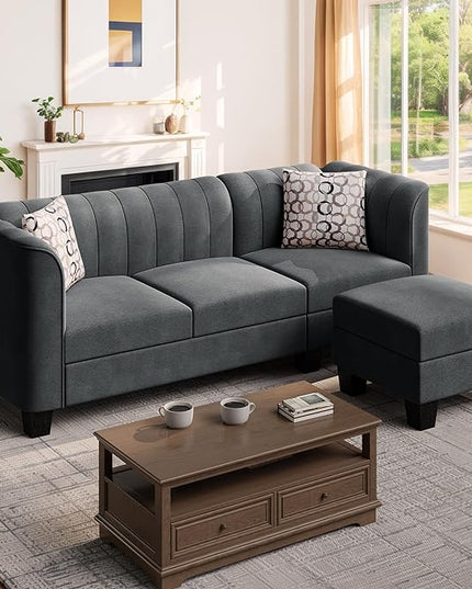 Shintenchi Upgraded Convertible Sectional Sofa Couch, 3 Seat L Shaped Sofa with High Armrest Linen Fabric Small Couch Mid Century for Living Room, Apartment and Office (Dark Grey) - LeafyLoom