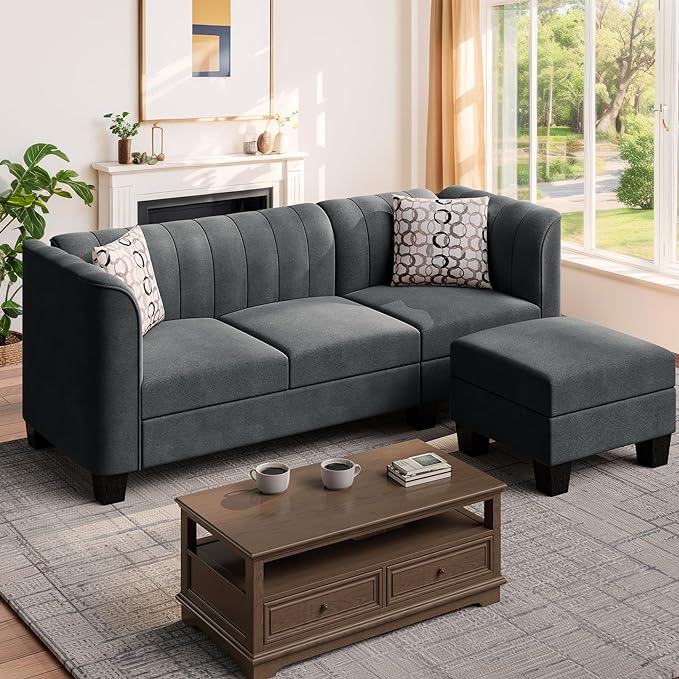 Shintenchi Upgraded Convertible Sectional Sofa Couch, 3 Seat L Shaped Sofa with High Armrest Linen Fabric Small Couch Mid Century for Living Room, Apartment and Office (Dark Grey) - LeafyLoom
