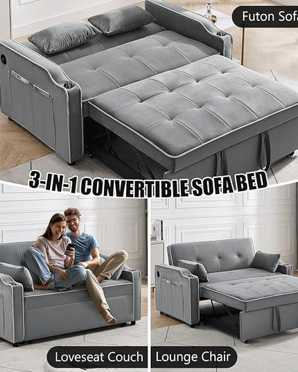 3 in 1 Loveseat Sofa Bed, Pull Out Couch Sleeper with Storage, Full Size Velvet Convertible Chair with 2 Pockets & 2 Pillows for Living Room, Grey - LeafyLoom